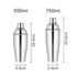 Two stainless steel cocktail shakers in silver colour, one 550ml and one 750ml, with measurements displayed.