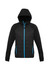 A black puffer jacket with a hood and blue accents, featuring a front zipper and a logo.