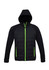 A black puffer jacket with a green zip and hood, featuring side pockets and a modern design.