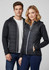 A black puffer jacket with a hood, featuring two models, one male and one female, against a neutral background.