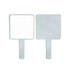 A handheld square mirror with a white frame and handle, featuring two reflective surfaces.