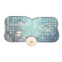 A foldable car sun visor in blue and white featuring a car design and a circular storage pouch.