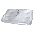 A silver sunshade umbrella displayed flat, featuring a central fastening and black trim.