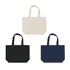 A collection of three tote bags in cream, black, and navy, each featuring handles and a logo.