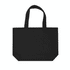 A black tote bag with two handles and a simple design, featuring a logo on one side.