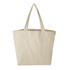 A beige tote bag with sturdy handles and a spacious design, featuring a logo on the front.