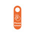An orange PVC door hanger featuring a hand graphic and the text "Please knock." It includes a circular hole at the top.
