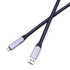 A long, braided charging cable in purple and black, featuring USB and Lightning connectors on each end.