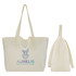 A spacious cream canvas bag with tote handles and a logo design on the front, shown from two angles.