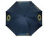 A navy umbrella with a yellow logo and branding, featuring a standard eight-panel design.