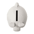 A white piggy bank in a cartoonish pig shape with a vertical slot on top and flat ears.