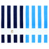 Two striped beach towels, one in navy and white, the other in light blue and white, each featuring a logo.
