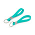 A turquoise silicone strap keytag featuring a metal ring and a branding logo. Ideal for keyrings and tools.