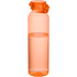 A drink bottle made from recycled plastic, featuring an orange body and a secure screw-top lid, filled with water.