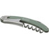 A green waitress knife featuring a corkscrew and a bottle opener, with a metallic stainless steel lever.