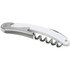 A white and stainless steel waitress knife with a corkscrew and bottle opener. It features a sleek design and a logo.