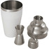 A stainless steel cocktail shaker set featuring a white shaker, jigger, strainer, and lid. Includes a logo.