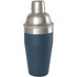 A stainless steel cocktail shaker with a matte navy blue finish and a shiny silver top. It has a logo on the side.