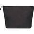 A black toiletry bag with a zip closure, featuring a minimalist design and a logo.