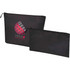 A set of two black toiletry bags with zippers, featuring a logo on the larger bag.