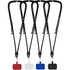 A series of phone lanyards in red, white, blue, and black, each featuring a badge holder.