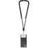 A phone lanyard in black holds a transparent phone case, featuring a logo on the back.