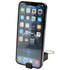 A black recycled plastic phone stand featuring a fidget toy and displaying a smartphone with an app interface.