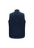 A navy men's vest with a high collar and no sleeves, featuring a logo on the back.