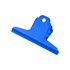 A blue metal binder clip with a distinctive shape and a hole for easy attachment, featuring a logo.
