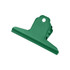 A green metal binder clip with a rounded top and a hole for hanging, featuring a smooth metallic surface.