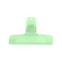 A translucent green plastic magnetic clip with a simple design and a hole for hanging.