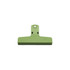 A green plastic magnetic clip with a flat base and a hanging hole at the top. It features a logo on the surface.