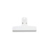 A white plastic magnetic clip with a flat gripping surface and a hole for hanging, featuring a logo.