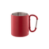 A red thermo mug with a stainless steel interior and a carabiner-style handle. It has a branding logo.