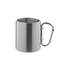 A stainless steel thermo mug with a carabiner handle and a sleek, shiny finish.