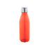 A drink bottle in vibrant red with a stainless steel cap and a sleek, streamlined design. It features a logo.