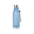 A drink bottle in a frosted blue finish with a silver lid and a looped handle. It features a logo on the surface.