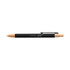 A black pen with a wooden accent and a clip, featuring a logo on the barrel.