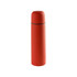 A drink bottle in a vibrant red colour with a sleek design and a black accent line around the middle. It features a logo.
