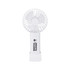 A portable white fan with a floral design and text, featuring a sleek, compact body. It has a built-in stand.