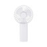 A white handheld fan with a circular grille and a sturdy base, featuring a logo on the handle.