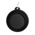 A black collapsible bowl with a carabiner attachment, featuring a circular design and smooth surface.