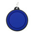 A blue collapsible bowl with a black rim, featuring a carabiner for attachment.