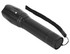 A black flashlight with a textured grip and a strap for carrying. It features a cylindrical design.