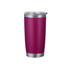 A drink bottle featuring a vibrant purple exterior and a stainless steel base with a clear lid. It has a logo.