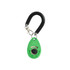 A green pet training clicker with a black coiled lanyard and a metal clip for attachment.
