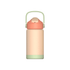 A drink bottle in peach and pale green, featuring a handle and a secure lid, with a logo on the design.