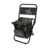 A camouflaged foldable camping chair with a cooler bag underneath and a sturdy black frame. The product includes branding.