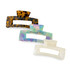 A set of three hair claw clips in tortoiseshell, iridescent, and white colours, featuring a branding logo.
