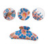 A hair clip featuring a pink background with blue flowers and a glossy finish, showcasing various angles.